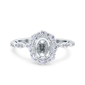 14K White Gold 0.43ct Vintage Art Deco Halo Oval 7mmx5mm G SI Semi Mount Diamond Engagement Wedding Ring